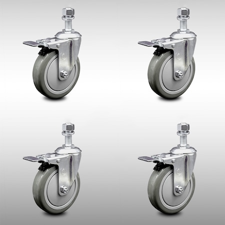 Service Caster 5 Inch SS Gray Polyurethane 1/2 Inch Threaded Stem Caster Set Total Lock Brake SCC-SSTSTTL20S514-PPUB-121315-4
